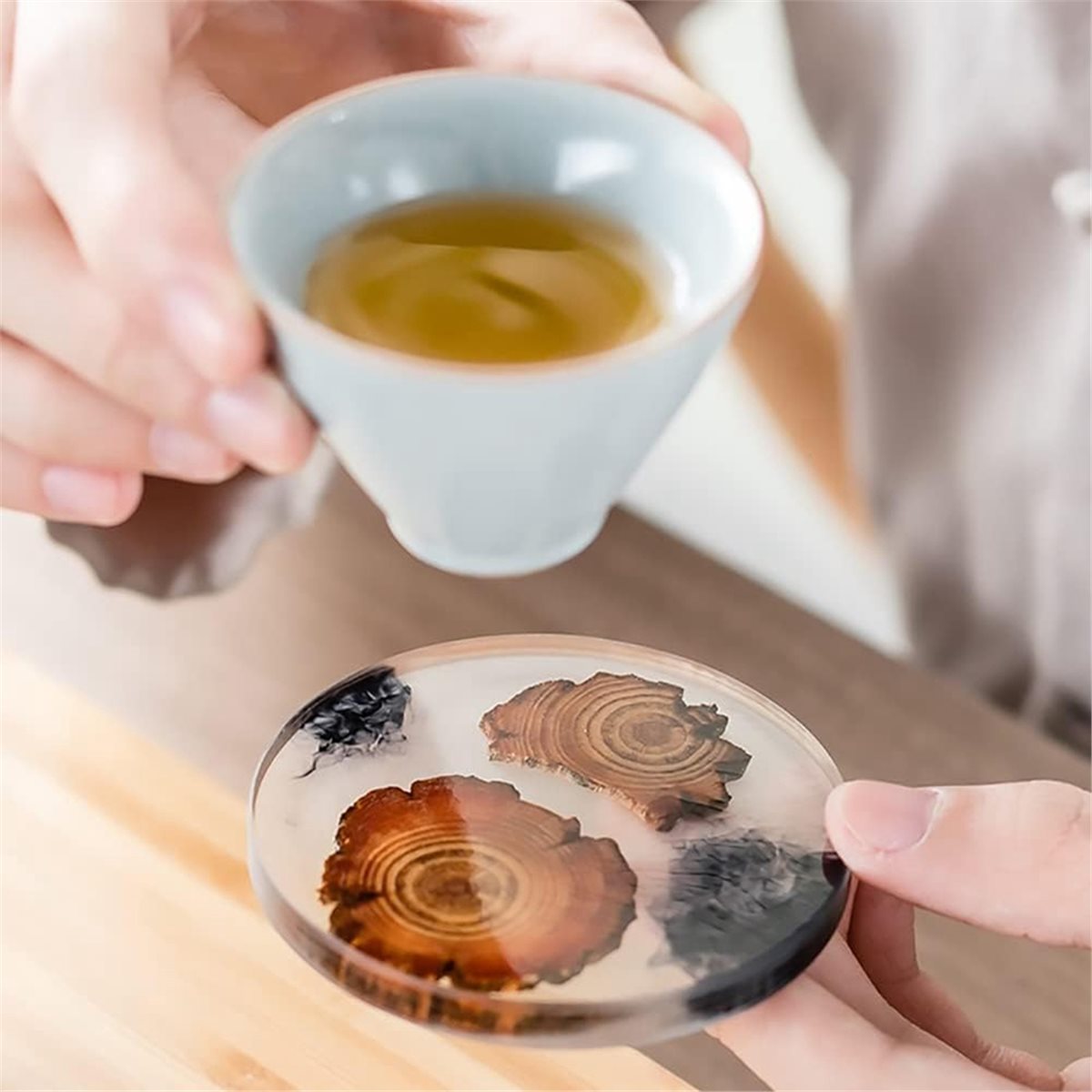 Resin Art Coasters - 6 Pcs Wood Coasters with Holder,