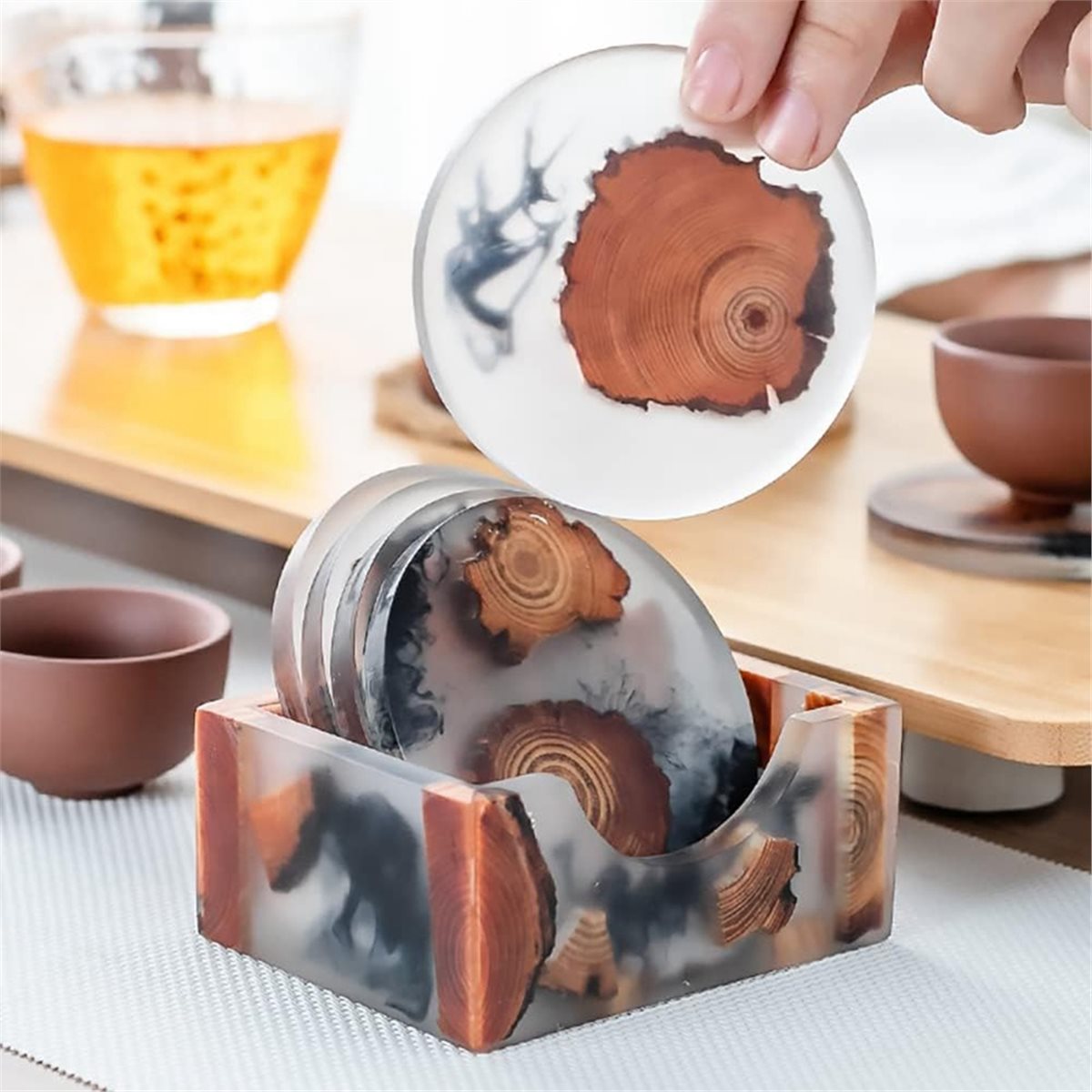 6 Pcs Wood Coasters with Holde - Resin Art Coasters ulasan dan harga